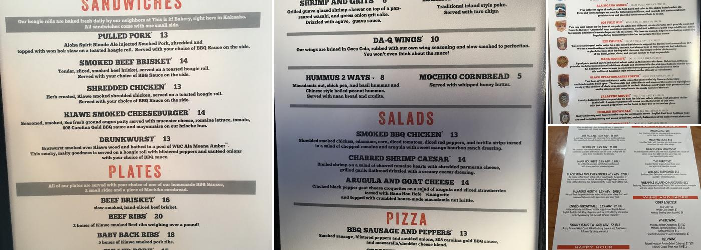 Waikiki Brewing Company, Kakaako Menu