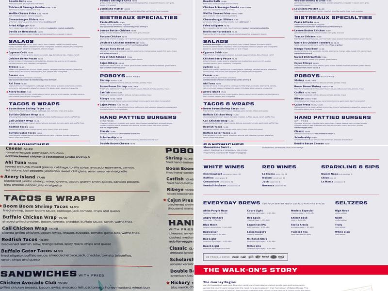 Walk-On's Menu