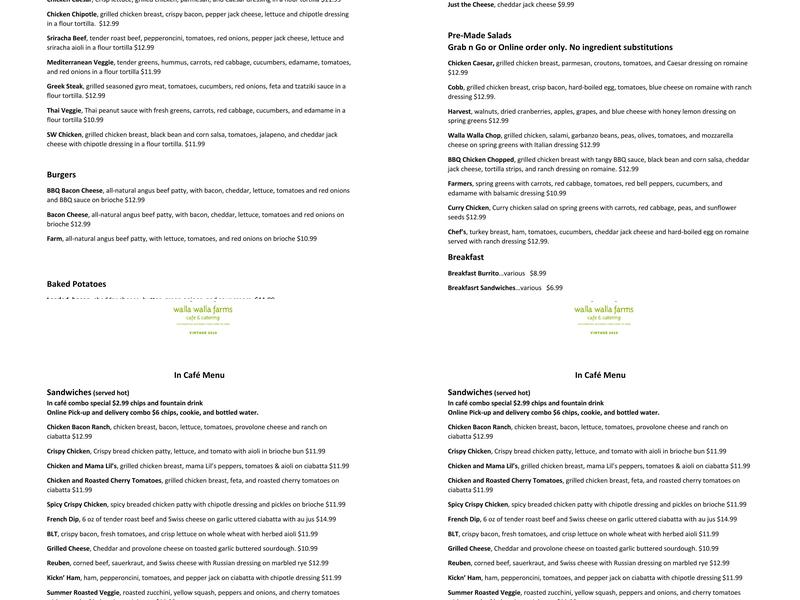 Walla Walla Farms Café and Catering Menu