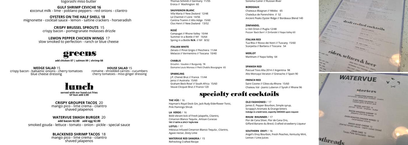 Watervue Grille- Downtown Tampa- Harbour Island Menu