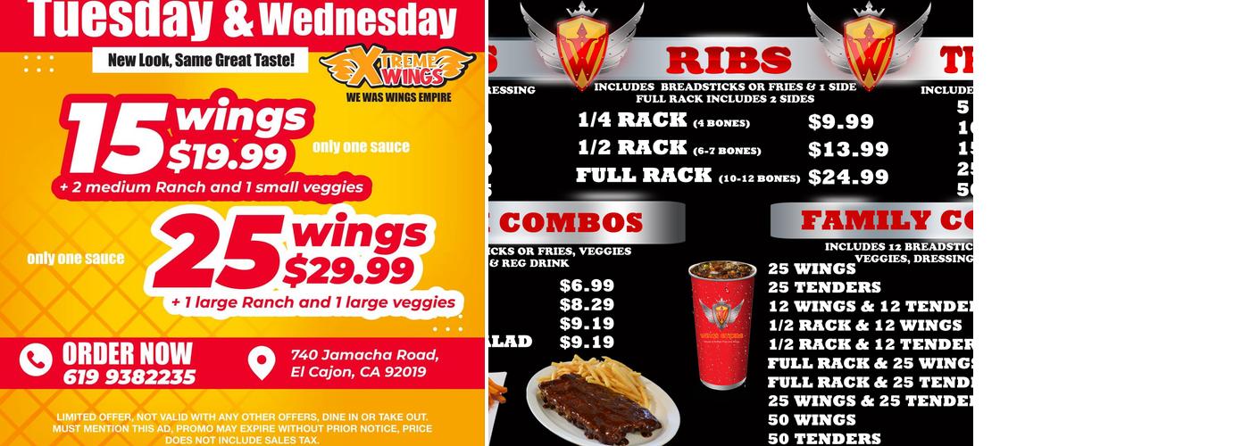 Xtreme Wings Menu