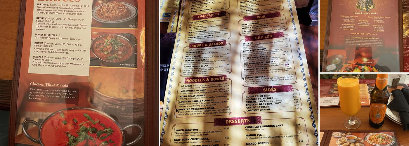 Yak & Yeti Restaurant and Event Center - Denver Menu