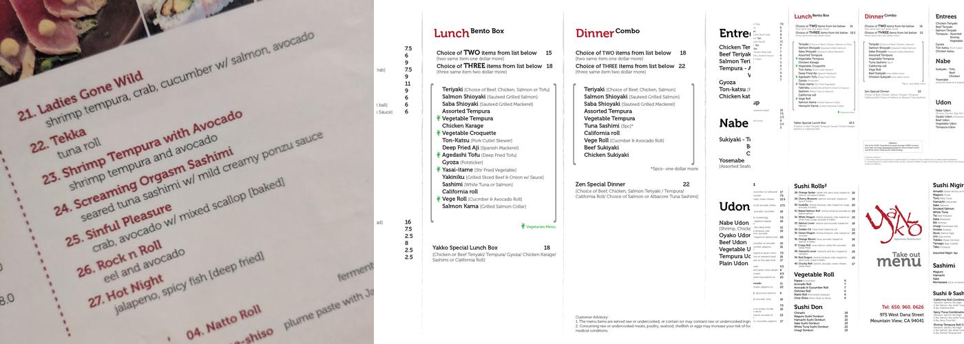 Yakko Sushi Japanese Restaurant Menu