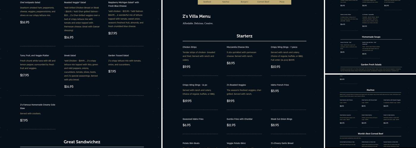 Z's Villa Menu