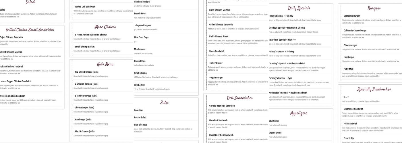 Zeke's Place Menu