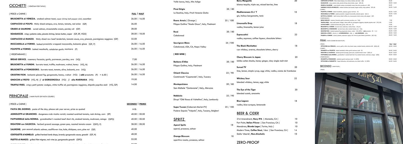 Zingari Ristorante Menu