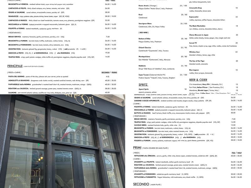 Zingari Ristorante Menu