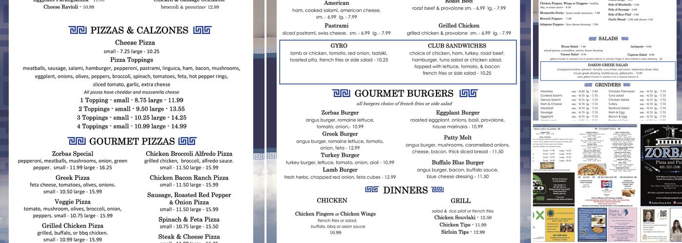 Zorba's Pizza and Pub Menu