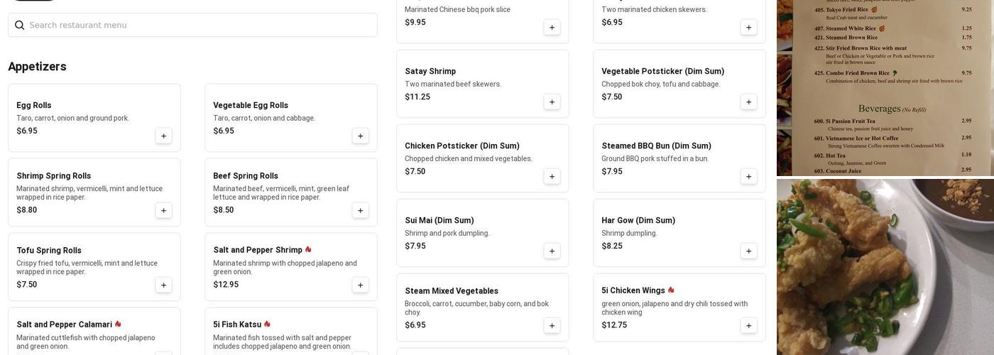 5i Indochine Cuisine Menu