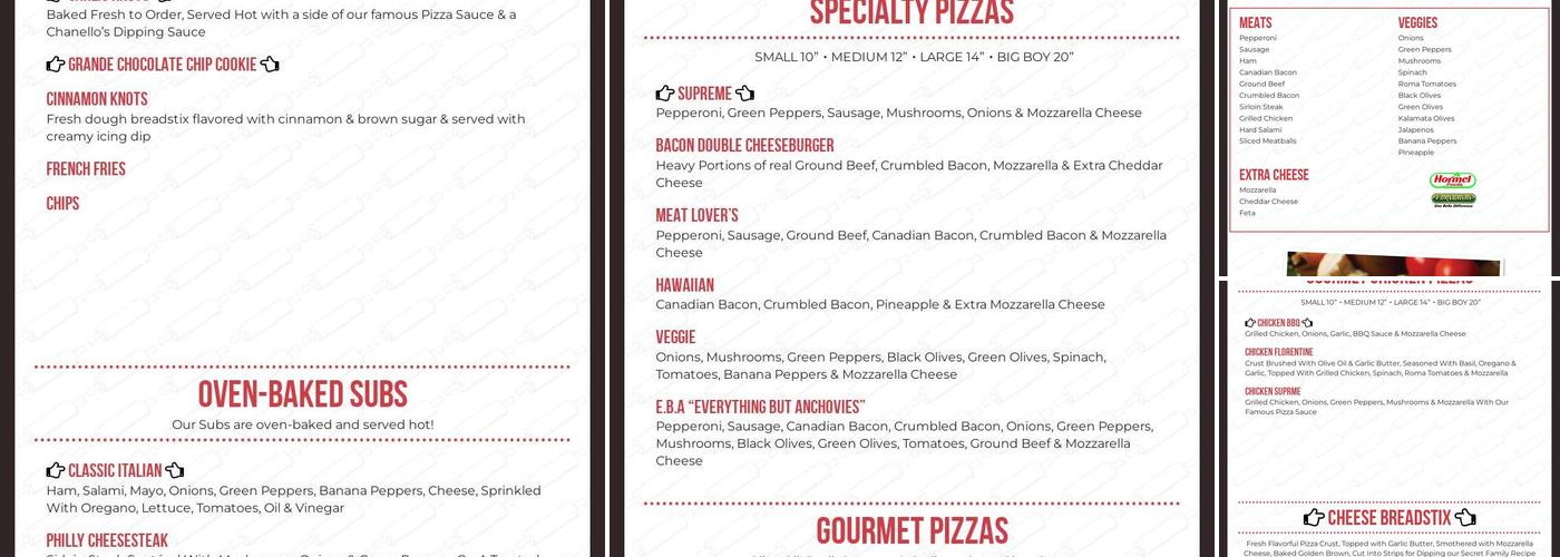 Chanello's Pizza #19 Pleasure House Menu