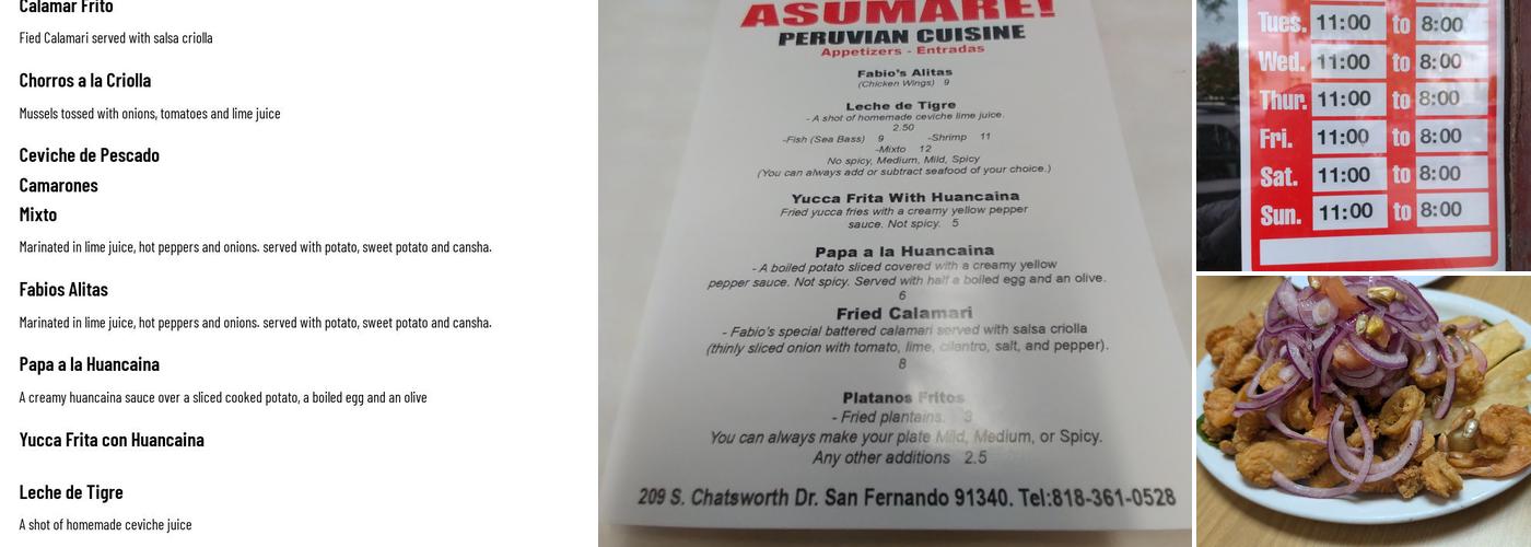 Asumare Peruvian Menu