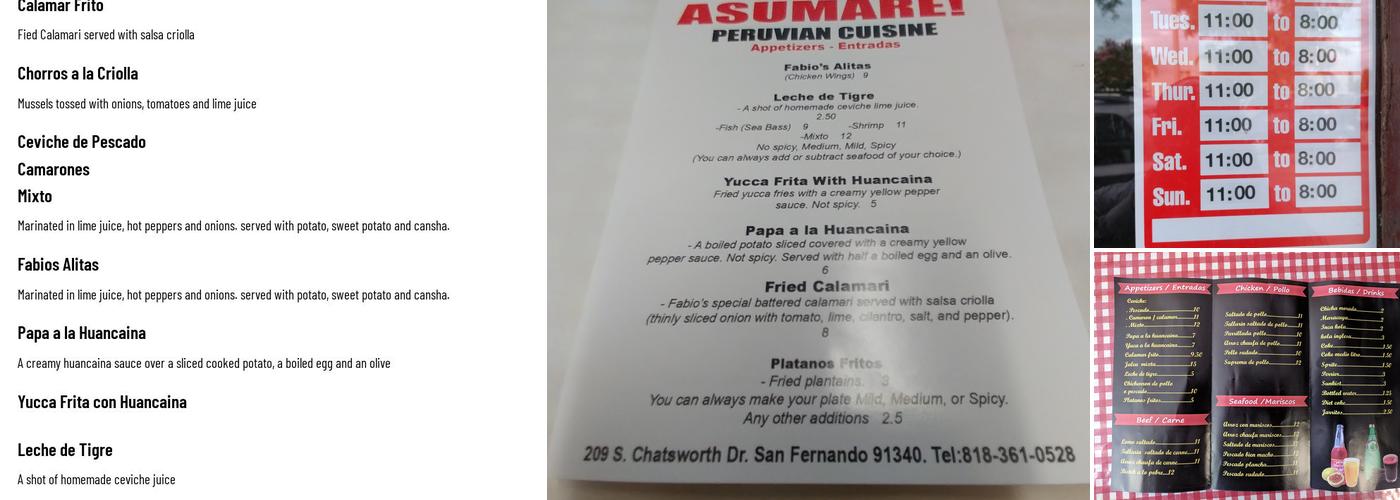 Asumare Peruvian Menu