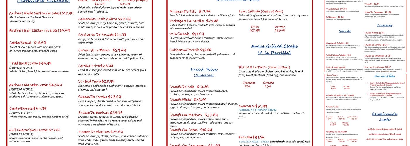 Andrea’s Chicken Menu