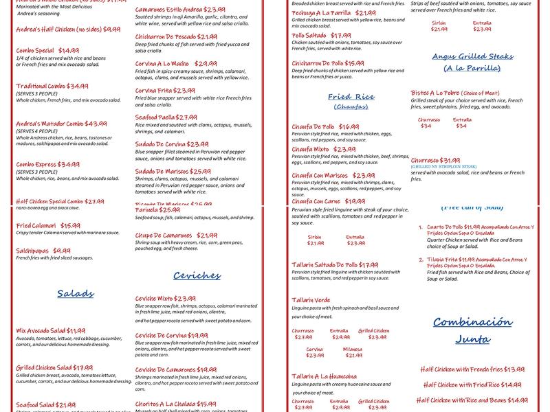 Andrea’s Chicken Menu