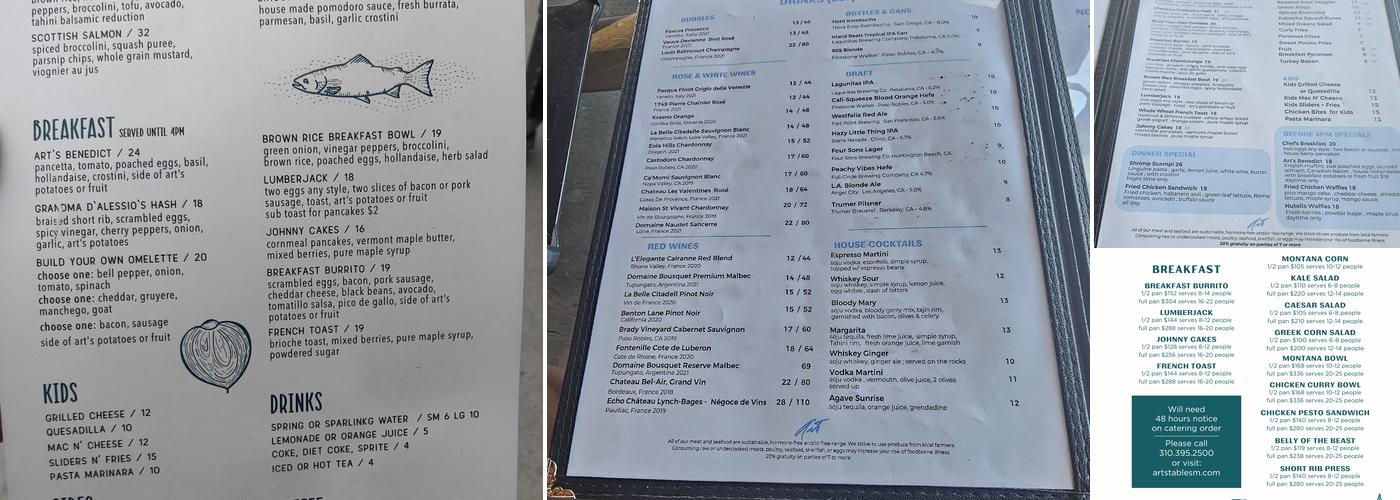 Art's Table Menu