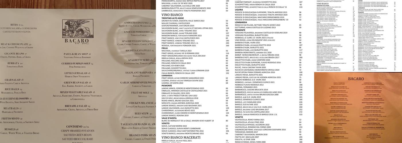 Bacaro Menu