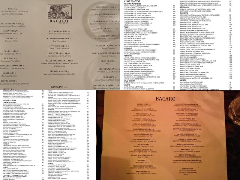 Bacaro Menu