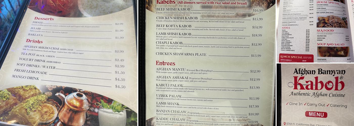 Afghan Bamyan Kabob Menu