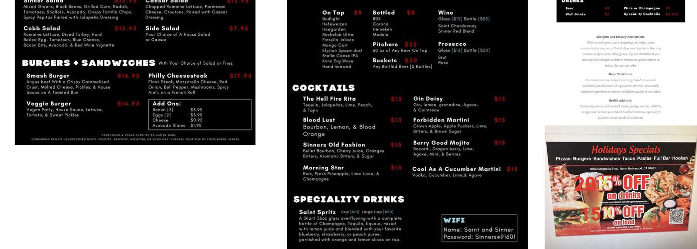 Saint and Sinner Restaurant Bar and Hookah Menu