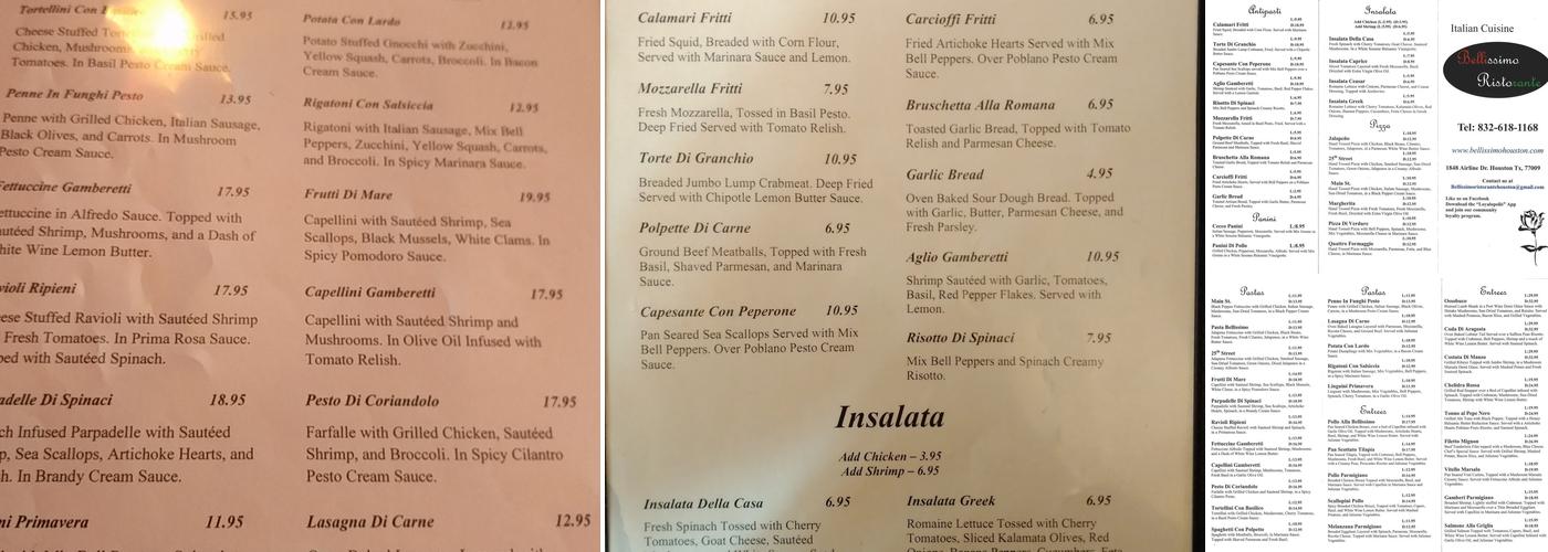 Bellissimo Menu