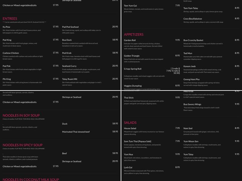 Bua Thai Restaurant D.C. Menu