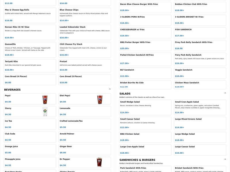 Bubba's Bones & Brews Menu