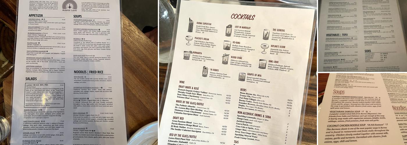 Burma Love Menu