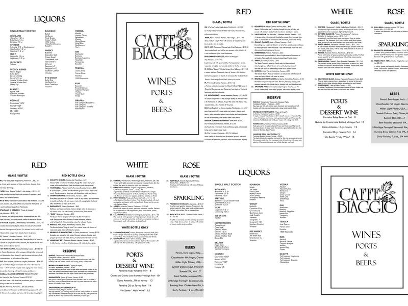 Caffe Biaggio Menu