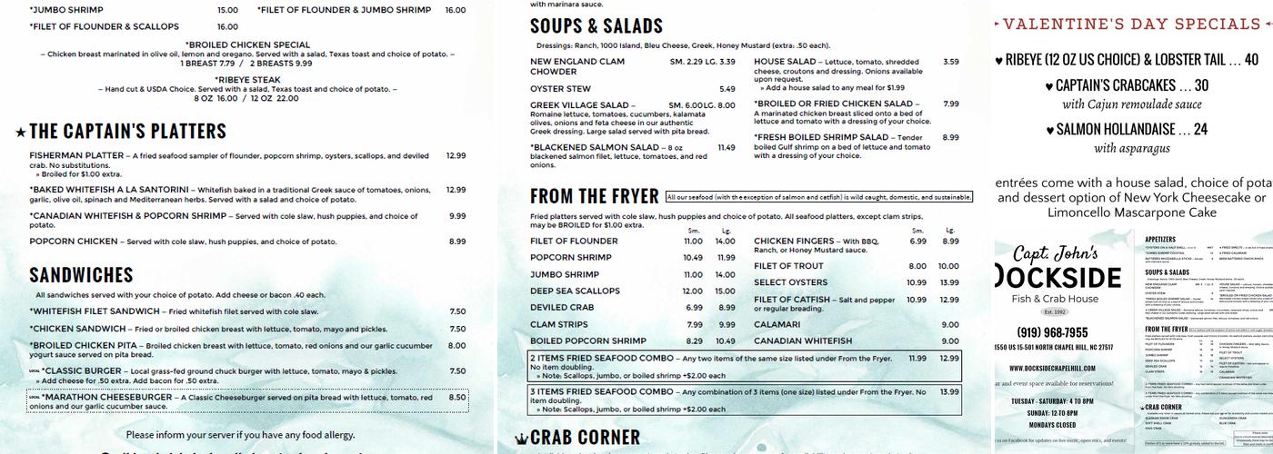 Captain John's Dockside Menu