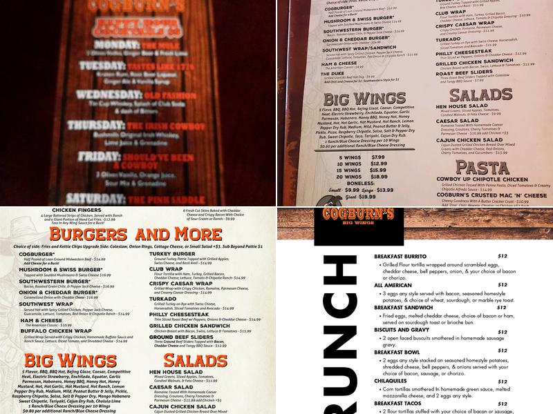 Cogburn's Big Wings Menu