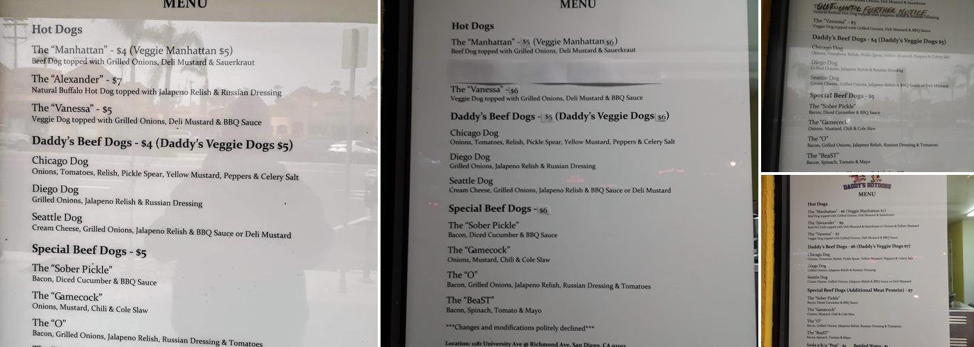Daddy's Hot Dogs Menu