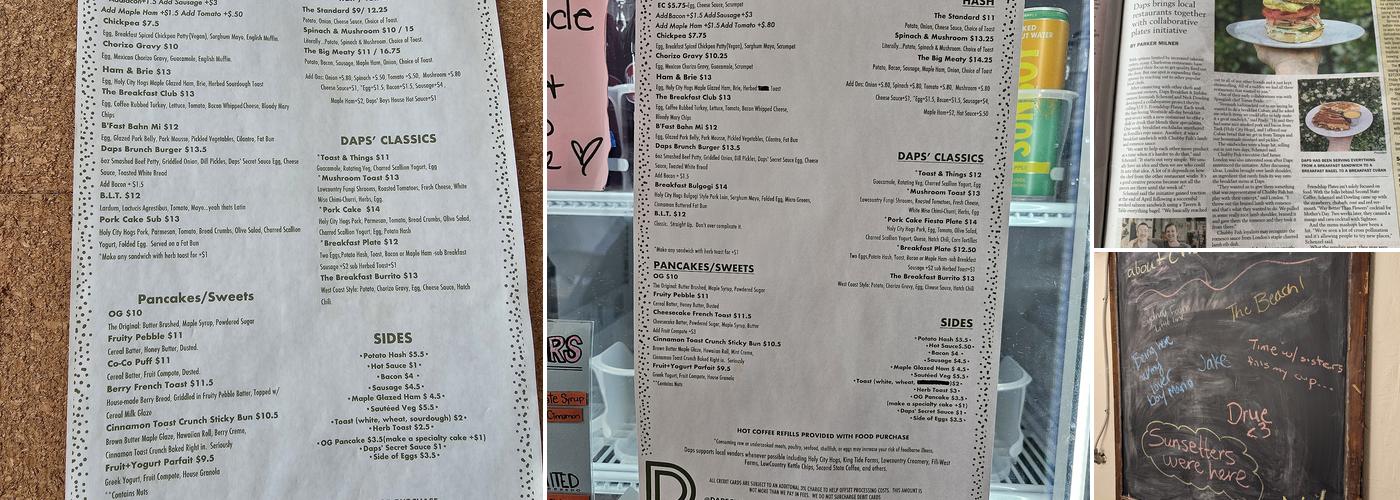 Daps Breakfast & Imbibe Menu