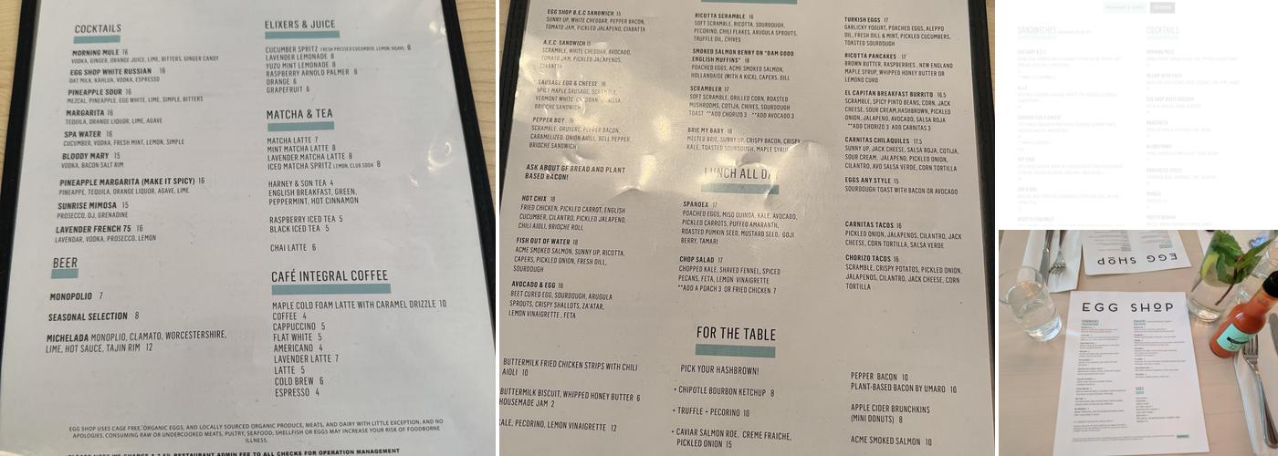 Egg Shop Menu
