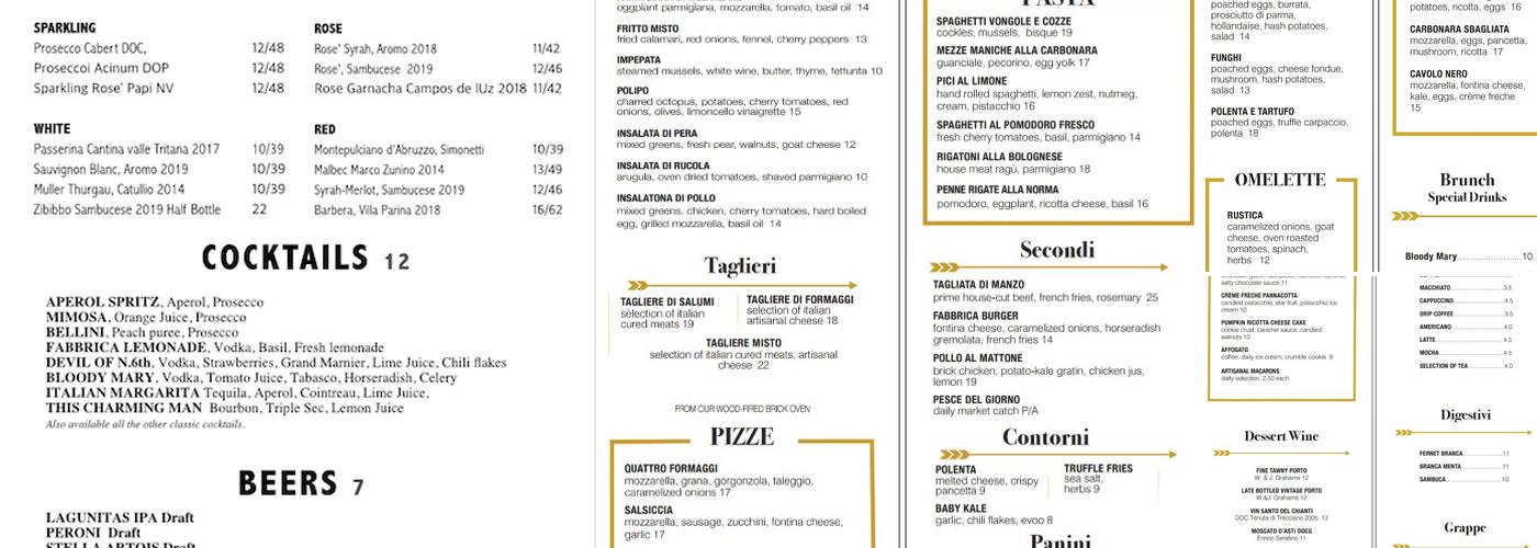 Fabbrica | The Factory Menu