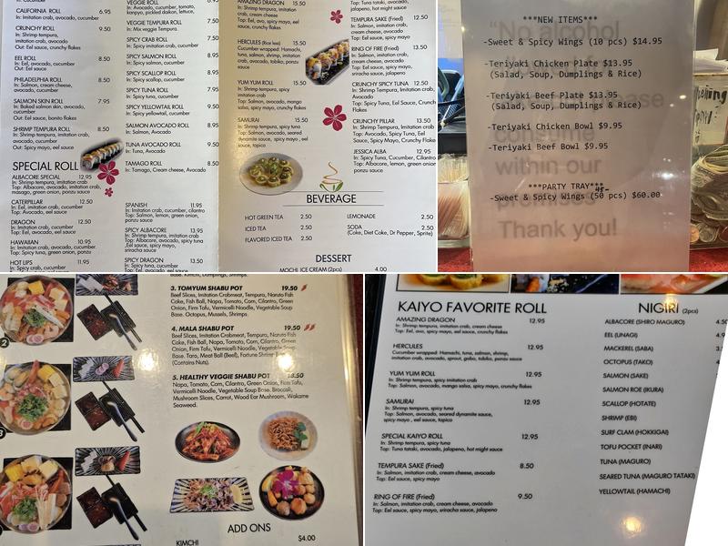 Kaiyo Sushi Menu