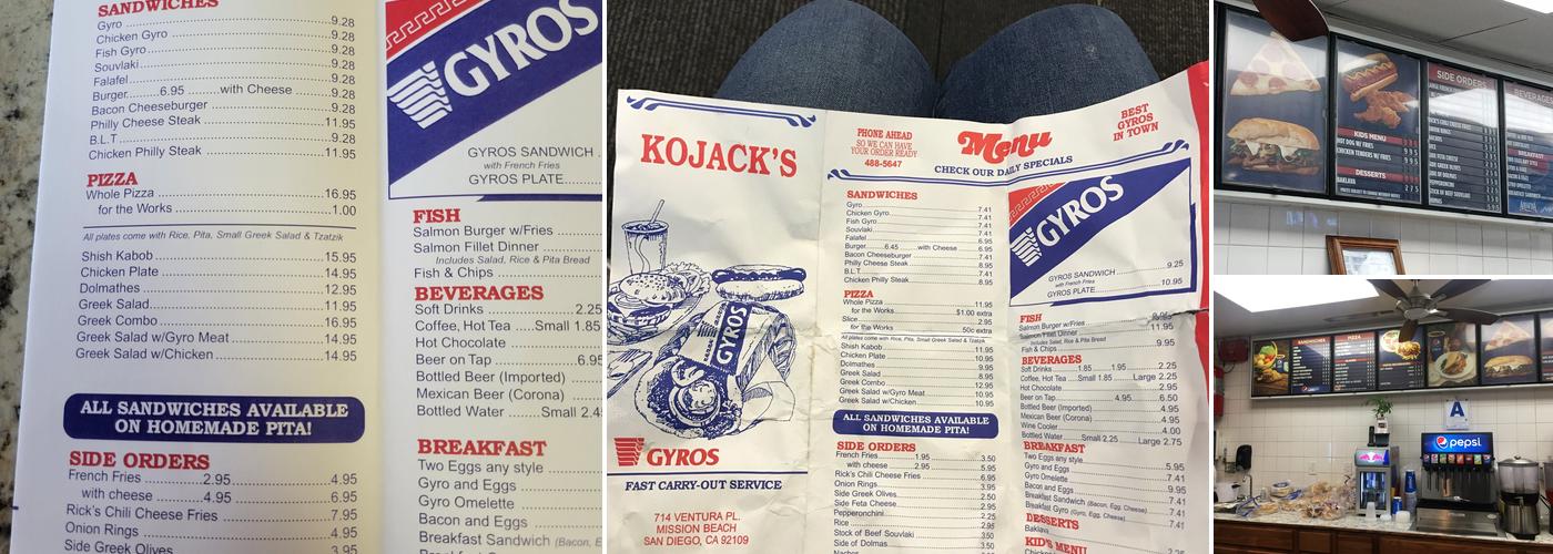 Kojack's Restaurant Menu