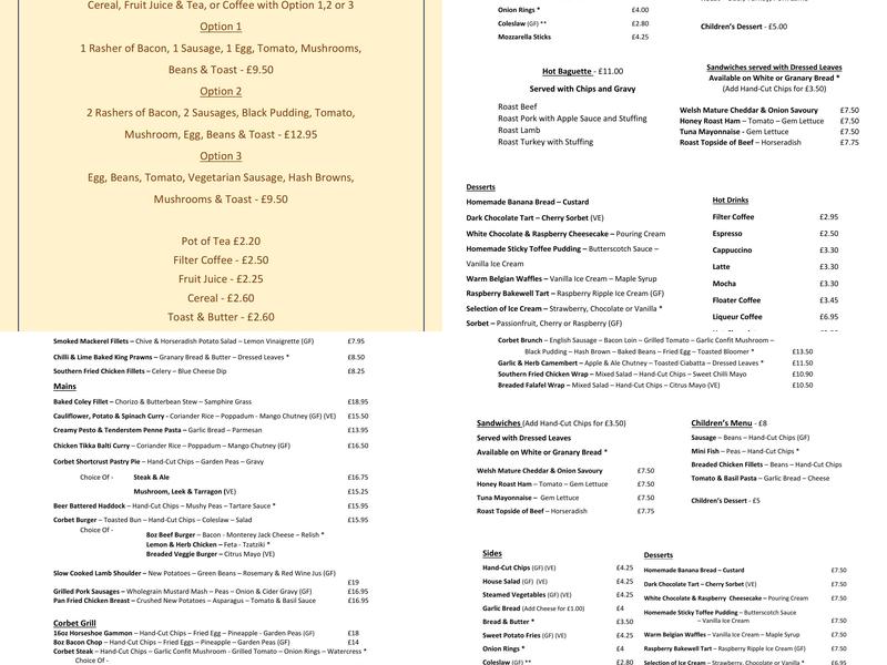 The Corbet Arms Menu