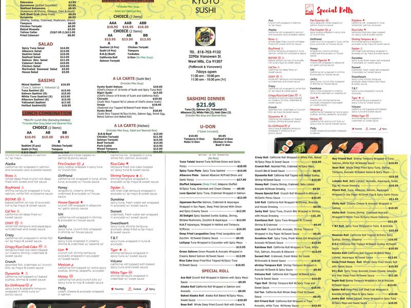 Kyoto Sushi West Hills CA Menu