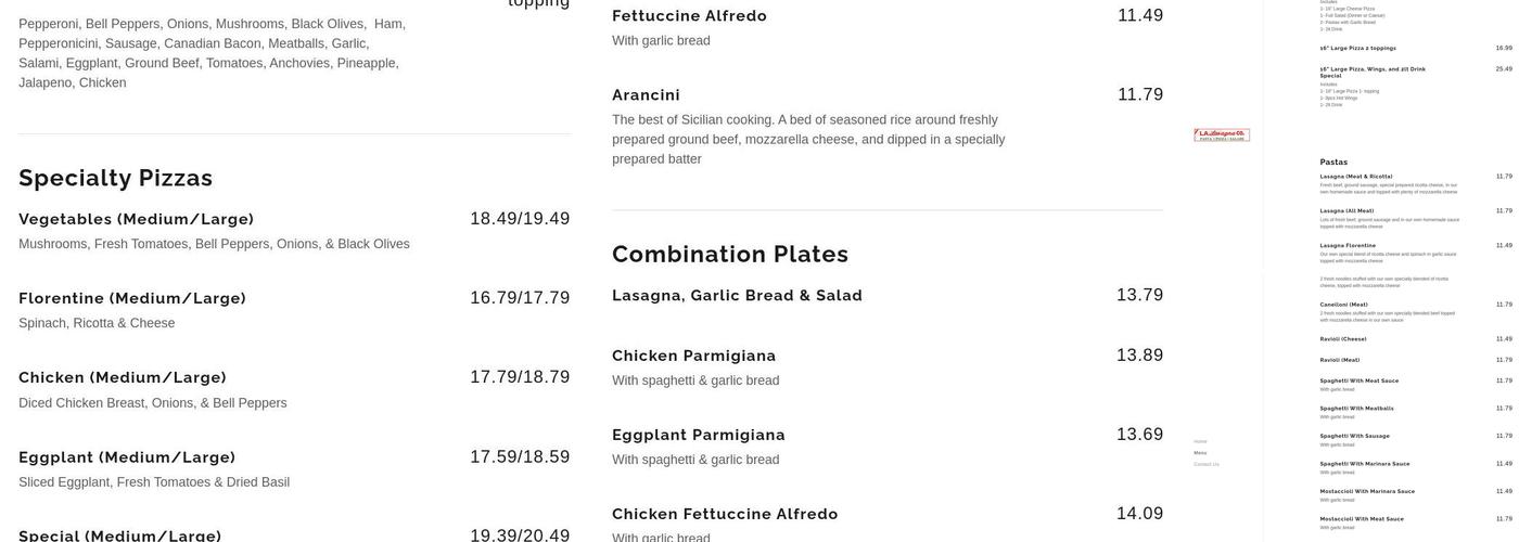 L A Lasagna Co Menu