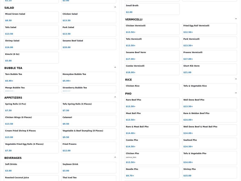 Local Pho Menu