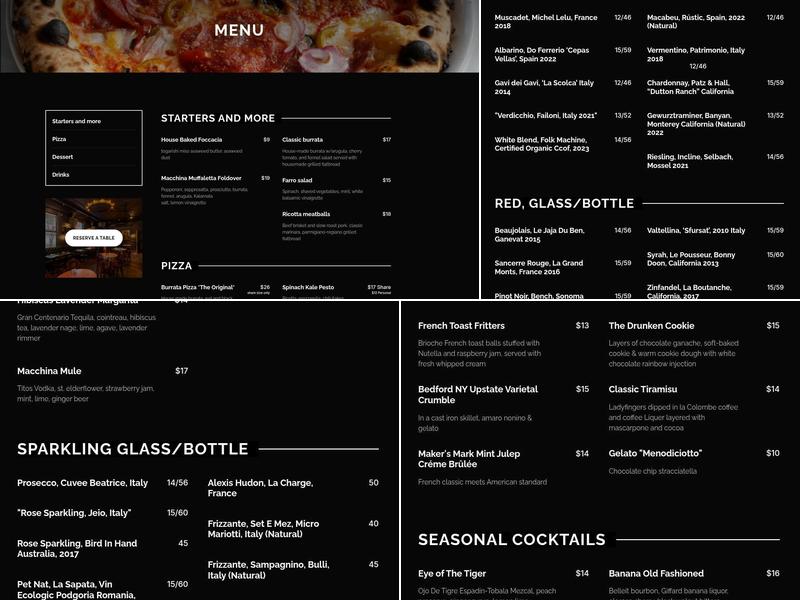 Macchina Pizza Menu
