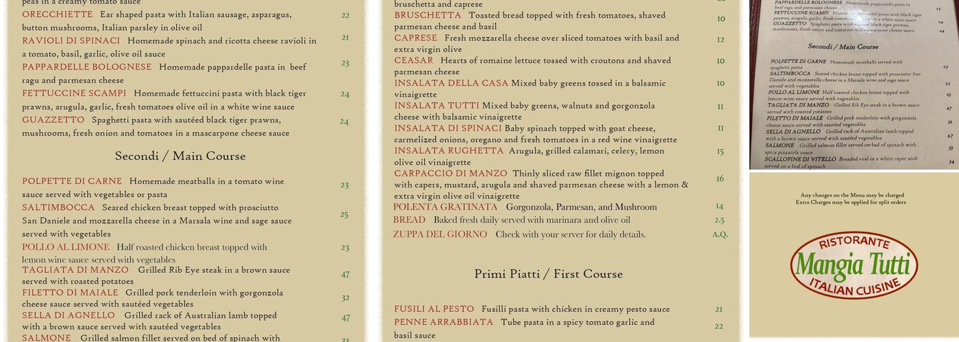 Mangia Tutti Ristorante Menu