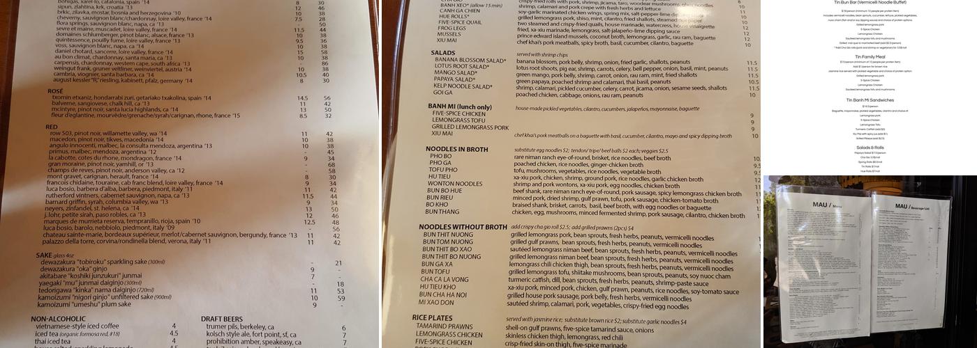 Tin at 180 Spear St Menu