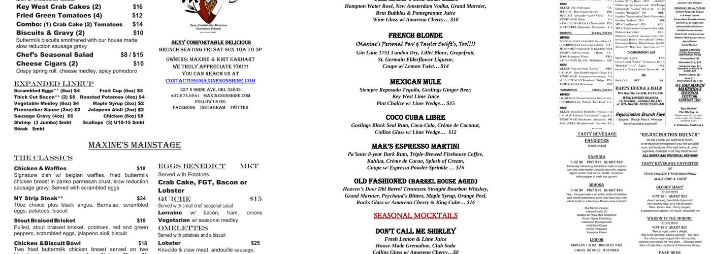 Maxine's On Shine Menu