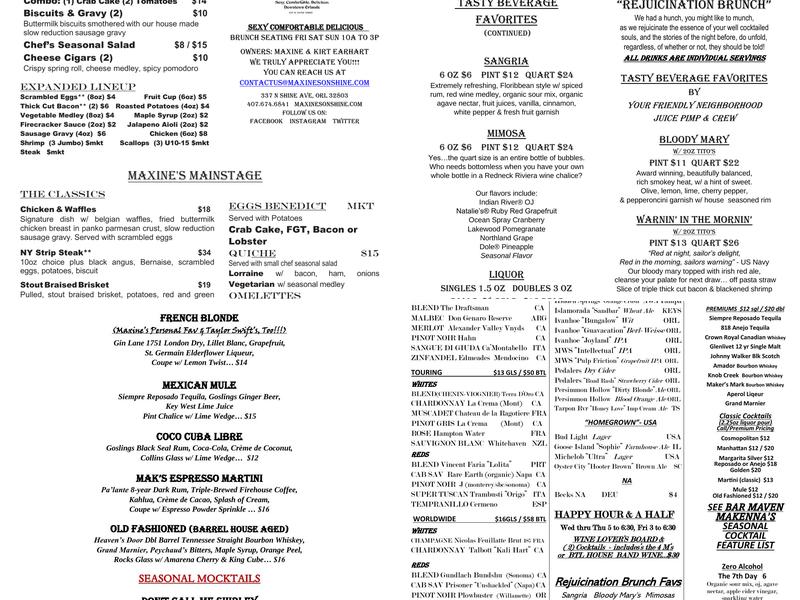 Maxine's On Shine Menu