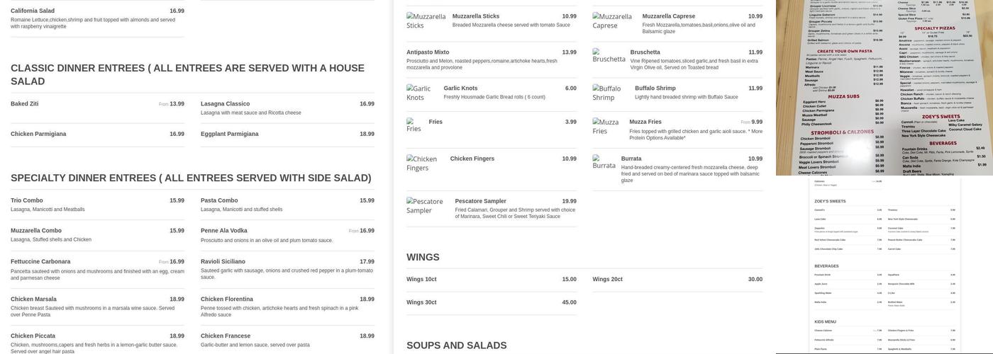 Muzzarella Pizza and Italian Kitchen Menu