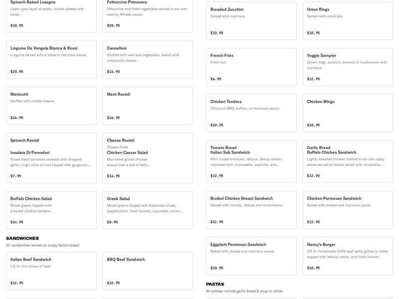 Nancy's Pizza Menu