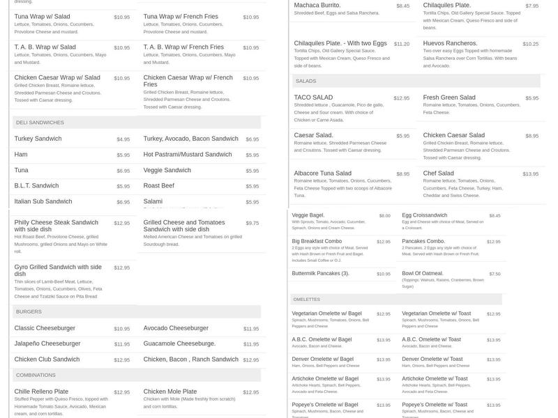 Old Gallery Coffee House Menu