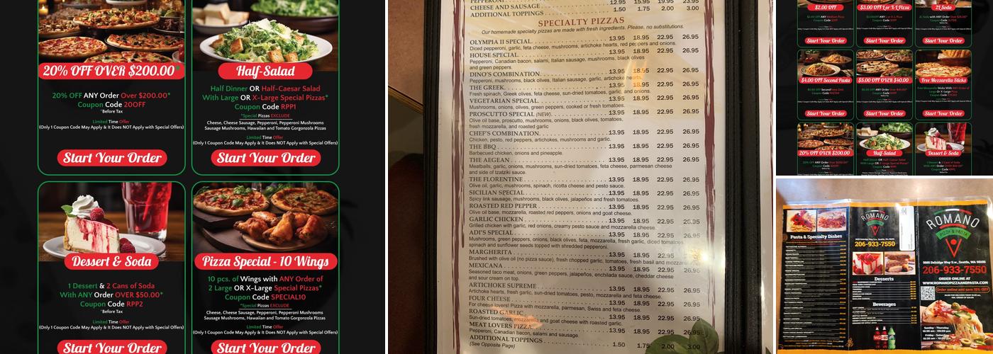 Romano Pizza & Pasta Menu