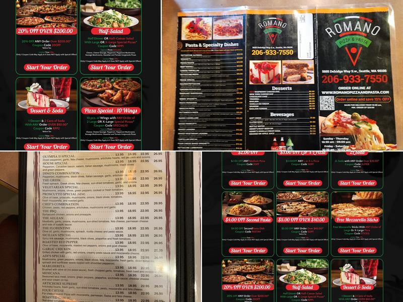 Romano Pizza & Pasta Menu